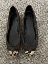 Burberry Suede Nova Check Flats Brown Pebbled Leather Charm Cap Toe Size 8