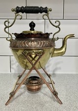 ARTS & CRAFTS BRASS & COPPER SPIRIT KETTLE ON STAND WITH BURNER DR DRESSER LINK?