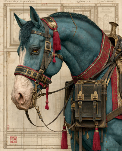 Gray pack horse red tack - pack, in