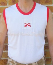 BRITISH MOD PTI SLEEVELESS T-SHIRT RAF & ARMY MOTIF WHITE & COLOUR TRIM,