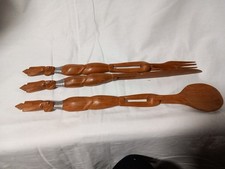 Vintage MCM Carved Wooden Fork Spoon Knife Decor 14.5" TIKI Face Tribal