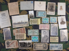 COLLECTION OF WW1-WW2 ITEMS INCLUDING MILITARY BANK NOTES, PHOTOS & RATION BOOK