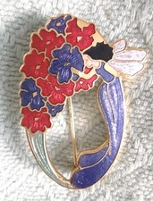 Vintage Jewellery Stunning Enamel Blue Red Flowers Fairy FISH CROWN brooch