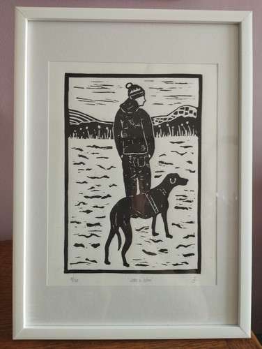 Lurcher dog black lino print - lino,