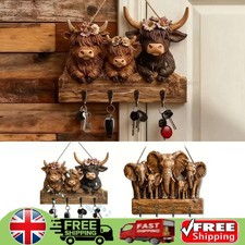 2D Flat Highland Cow Wooden Family Key Holder Hanging Ornament with 4 Hooks