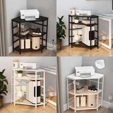 Corner Printer Stand Table with Charging Station LED Lights Adjustable Shelves