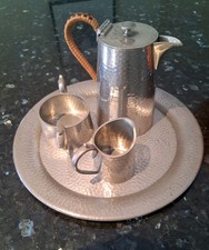 Vintage Hammered Civic Pewter Coffee Pot, Milk Jug, Sugar Bowl And Tray 