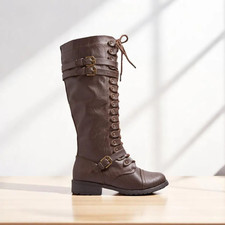 Brown Knee High Lace Up Boots