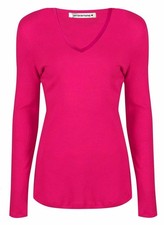Womens V Neck T-Shirt Ladies Long Sleeve Top Stretchy Plain Jersey Casual Top