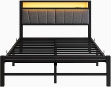 BORPHOM Double Bed Frame with Storage & LED Lights Grey Headboard Boxed