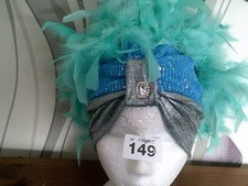 Turq sequin/silver Turban  with Turq feathers ONE SIZE