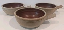 3 Studio Pottery Handled Soup Bowls Rustic Glazed Stoneware Serving Dish Handle