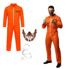 Adult Orange Prisoner Jumpsuit with Handcuffs & Horror Hannibal Face Mask