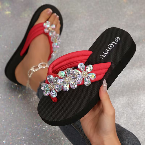 Ladies floral rhinestone flip - floral,