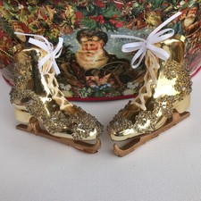 DELIGHTFUL PAIR OF JOHN LEWIS GLASS GOLD SPARKLE ICE SKATE CHRISTMAS DECORATIONS