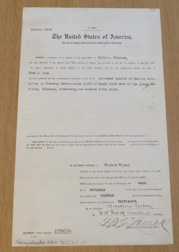 Vtg 1914 land grant - land,