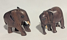 2 x Rustic Hand Carved Wooden Elephant Figurine