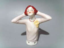 Vintage Porcelain Pin Cushion Half Doll 3" German No 8184 Ginger Hair Flapper