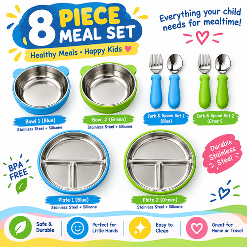 Kids 8pc dinner set stainless - kids,