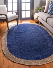 Blue Beige Oval Jute Rug