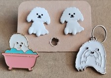 Cute Maltese Bichon Poodle White Dog Gift Set Earrings Badge Zip Bag Collar Tag