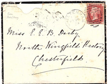 1879 QV 1d Red PL 190 Cheltenham Duplex 177 to Chesterfield Clay Cross Prestbury