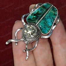 INSECT antique silver SCARAB BEETLE PIN crystal PAUA SHELL vintage style BROOCH
