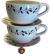 Lifestyle 2 Giant Teacups & Saucers Christmas Holly Plant Pots Planter Set PPWH