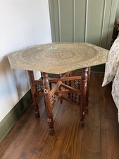 Antique Hand-Carved Wooden Table with Engraved Brass Tray Top - Octagonal