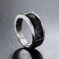 Men Women Silver Stainless Steel Cut Blue Stone Wedding Party Ring Jewelry Gift