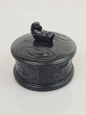 Vintage Round Black Native Art Trinket Box, Eagle, Resin, Boma, Canada