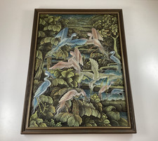Vintage Chinese Fabric Painting Picture Rainforest Cranes Framed Panel