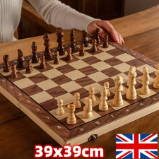 39CM Wooden Chess Set Folding Chessboard Backgammon Draughts Wood Chess Board UK