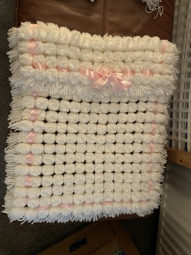 New white pink pompom blanket - white&pink,
