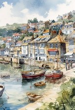 Cornish Seaside Coastal Harbour Boats Wall Art Watercolour Painting Poster Print