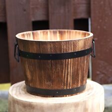 Round Wooden Barrel Planter 24cm Garden Pot with Metal Handles Band Outdoor Tub