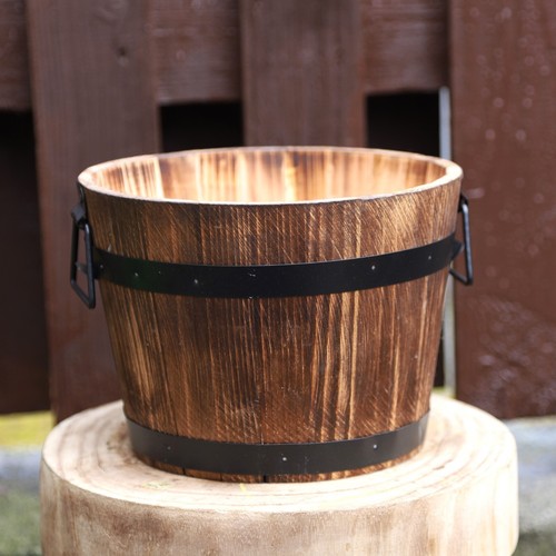 Round wooden barrel planter - round,