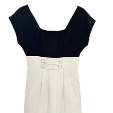 TIBI Parisian Black & Ivory Colorblock Woven Basketweave Wool Blend Dress Size 0