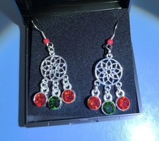 Dream Catchers. Red & Green Crystals. Plated Dangle Earrings. Boxed Gift Idea