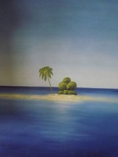 deserted island palm tree large oil painting canvas blue ocean seascape minimal