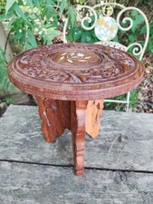 Small 6" Vintage Anglo Indian Hand Carved Wooden Folding Side Table Inlaid