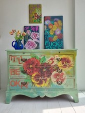 PAINTED CHEST OF DRAWERS upcycled Floral Decoupage Funky Sideboard Pansies Green