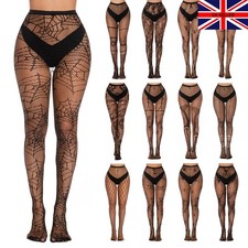 Womens Black Halloween Pattern Fishnet Tights Spider Web Bone Skull Bat UK 6-16