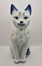 Rare Large Vintage Porcelain Cat Blue Painted Floral 