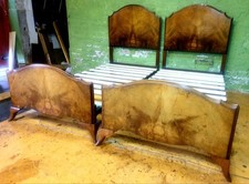 Elegant Pair Of Art Deco Queen Anne Standard Single Adult Beds Walnut 1920s