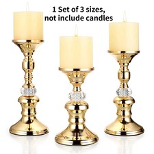 Elegant Gold Metal Pillar Candlestick Crystal Candle Stand Holder Home Decor UK