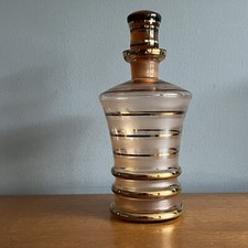 Vintage Smoked Glass Decanter With Stopper And Gold Gilding Rings