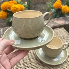 Denby Camelot Cup & Saucer Set Of 2 Ribbed Design Pair Speckled Khaki Green