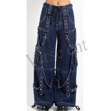 Men's Gothic Cyber Handmade Pants Thread Punk Bondage Metal Stud Blue Trousers