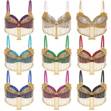 Women Sequin Beaded Belly Dance Tops Underwired Bra Tassels Bustier for Carnival